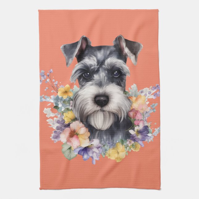 Paño De Cocina Retrato de Schnauzer con flores (Vertical)
