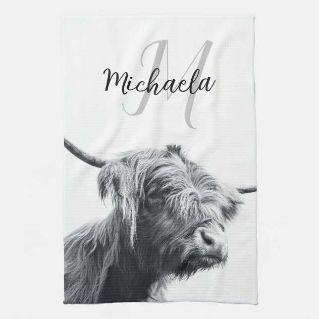 Paño De Cocina Retrato de vaca Highland monograma inicial blanco  (Vertical)