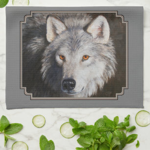 Paño De Cocina Retrato facial de lobo de madera gris
