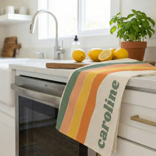 Paño De Cocina Retro 70s Arcoíris Verde Naranja Nombre Personaliz