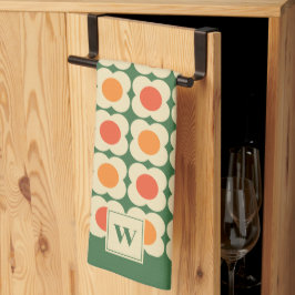Paño De Cocina Retro 70s Scandi Flowers -Mid mod- Orange on Green