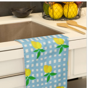 Paño De Cocina Retro Amarillo Soleado Limón Azul Blanco Cuadros