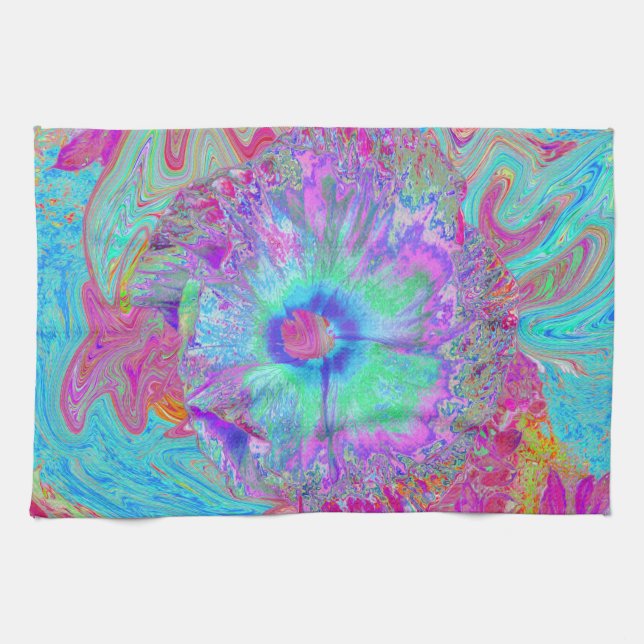 Paño De Cocina Retro Arcoíris Psicodélico Hibisco Azul (Horizontal)