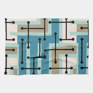 Paño De Cocina Retro Arte Geométrico Maze Turquoise Gold