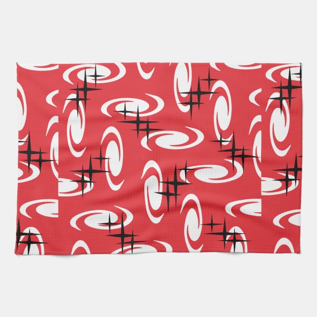 Paño De Cocina Retro Atómica Age Swirls Stars Pattern Red (Horizontal)