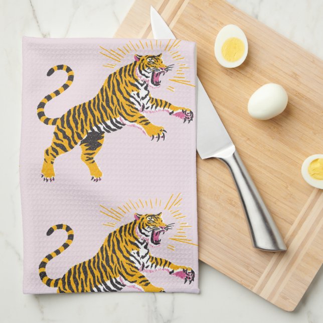 Paño De Cocina Retro Boho Roaring Tiger Orange Pink (Doblado Cuarto)