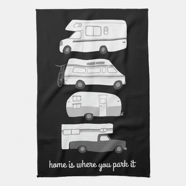 Paño De Cocina Retro Camper Motorhome RV Vanlife Blanco Negro (Vertical)