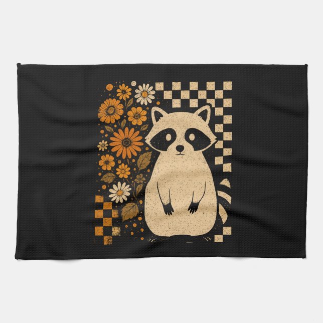Paño De Cocina Retro Checkered Halloween Raccoon (Horizontal)
