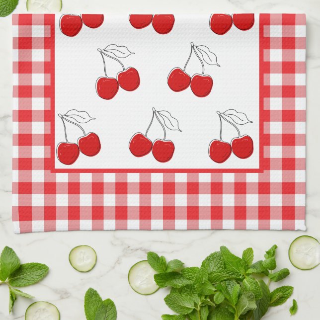 Paño De Cocina Retro Cherries Red Gingham Country Farmhouse (Doblado)