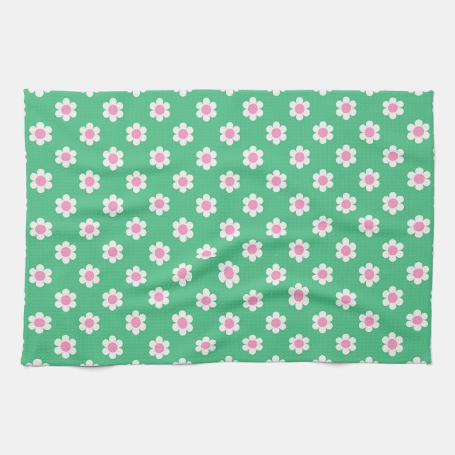 Paño De Cocina Retro Daisies rosa y verde (Horizontal)
