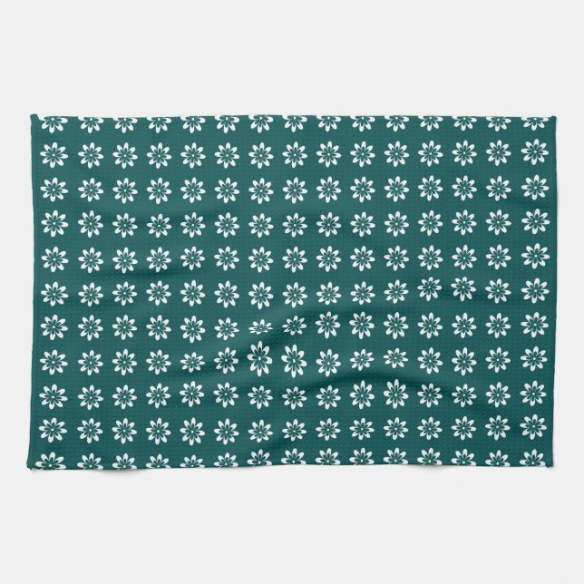 Paño De Cocina Retro de flor mínima Verde azulada profunda (Horizontal)