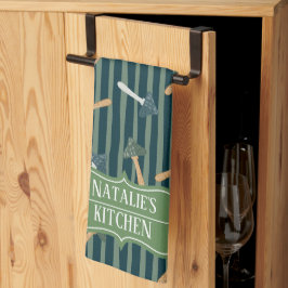 Paño De Cocina retro de patrón de hongos en monograma verde de bo