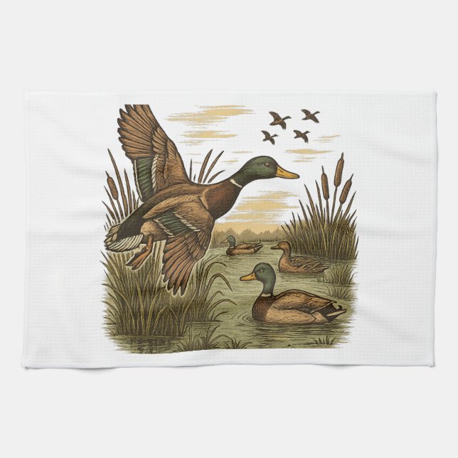 Paño De Cocina Retro-Flying-Mallard-Duck-Hunting (Horizontal)