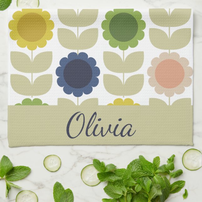 Paño De Cocina Retro Groovy Summer Flowers Stems (Doblado)