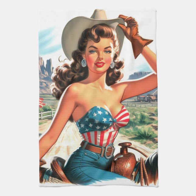 Paño De Cocina Retro Hermosa Cowgirl Pin Up (Vertical)