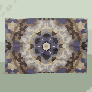 Paño De Cocina Retro Mandala Flores Azules Tan y Marrón