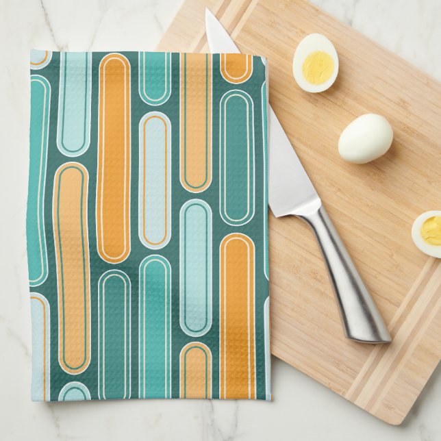Paño De Cocina Retro Mid Century Stripes Aqua, Verde azulado, Nar (Doblado Cuarto)
