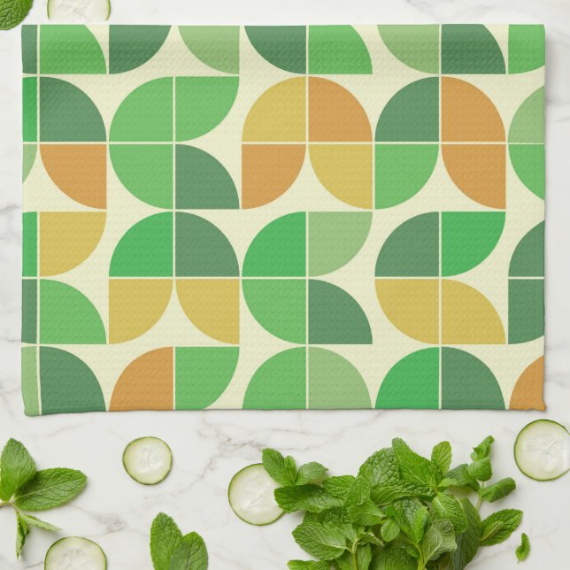 Paño De Cocina Retro Mid del siglo Geométrico floral verde (Doblado)