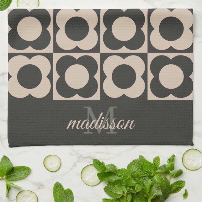 Paño De Cocina Retro modern -Flower Checkerboard - neutral taupe  (Doblado)