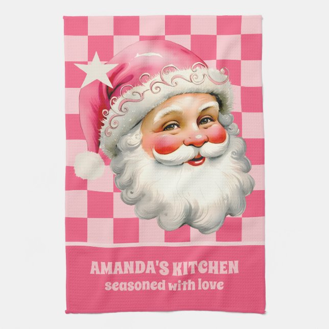 Paño De Cocina Retro Rosa Santa Claus Navidades rosados en tafetá (Vertical)