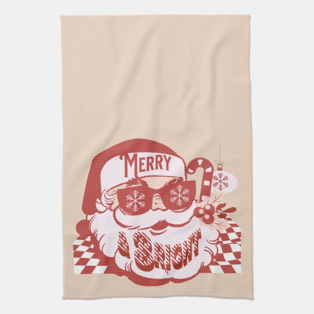 Paño De Cocina Retro Santa Merry Navidades brillantes Rosa Rojo (Vertical)