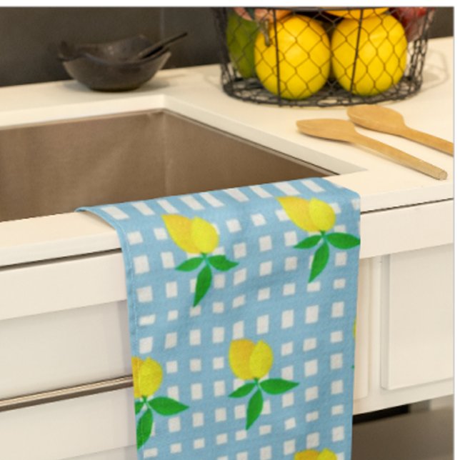Paño De Cocina Retro Sunny Yellow Lemon Blue White Check (Sunny lemony accent for the kitchen!)
