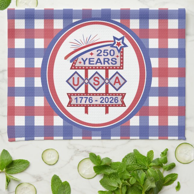 Paño De Cocina Retro USA 250th Anniversary Marquee Sign 1776-2026 (Doblado)