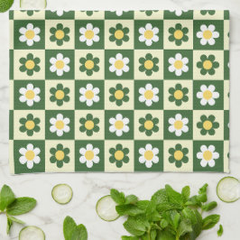 Paño De Cocina Retro Verde Salvia y Crema Cuadro de Margarita 