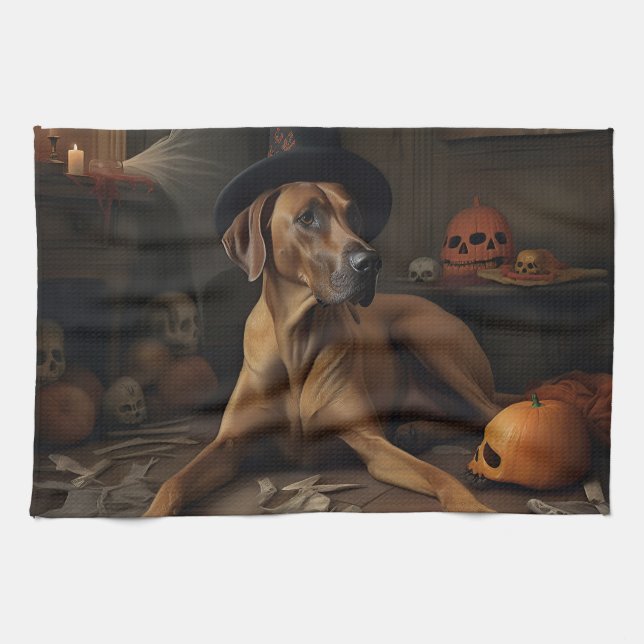 Paño De Cocina Rhodesia Ridgeback Pumpkins Halloween Scary (Horizontal)