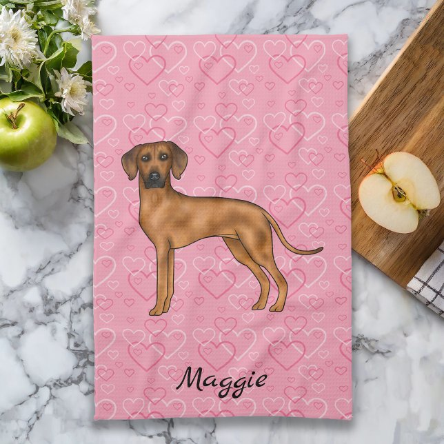 Paño De Cocina Ridgeback Perro Rhodés En Corazón Rosa Con Nombre (Please note: This image is a digital mockup. The product may not be in scale.)