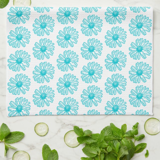 Paño De Cocina Robin Egg Blue Daisy Print, Patrón de flores hippi (Doblado)