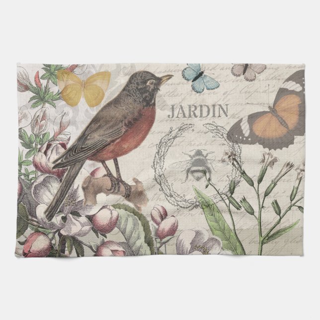 Paño De Cocina Robin Elegant Bird Butterfly Arte Francés (Horizontal)