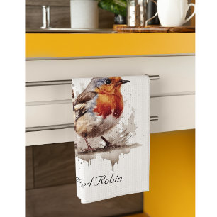 Paño De Cocina Robo rojo pájaro lindo en acuarela