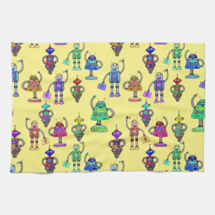Paño De Cocina Robots adorables coloridos sobre un fondo amarillo