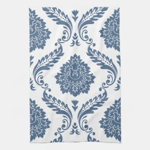 Paño De Cocina Rococo Damask Patrón Grande Azul sobre Blanco