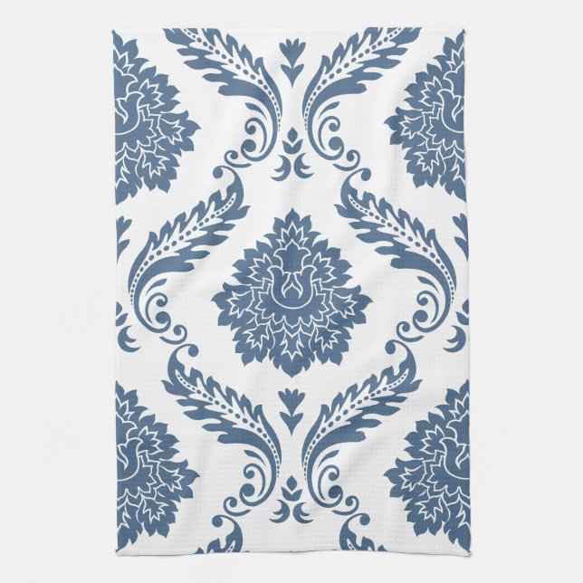 Paño De Cocina Rococo Damask Patrón Grande Azul sobre Blanco (Vertical)