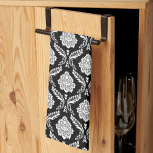 Paño De Cocina Rococo Damask Patrón Pequeño Blanco sobre Negro