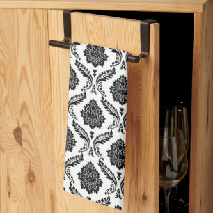 Paño De Cocina Rococo Damask Patrón Pequeño Negro sobre Blanco