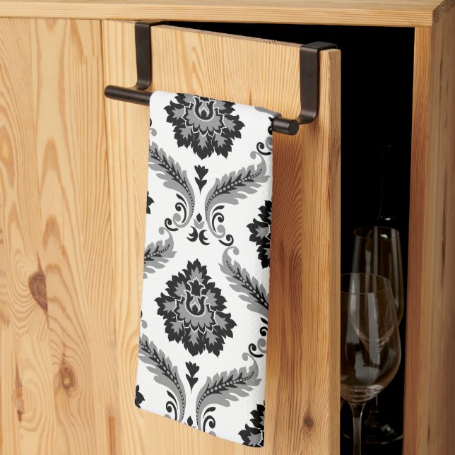 Paño De Cocina Rococo Damask Pattern Grey Black White (Pliegue de tercios)
