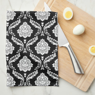 Paño De Cocina Rococo Damask Rpt Patrón Blanco sobre Negro