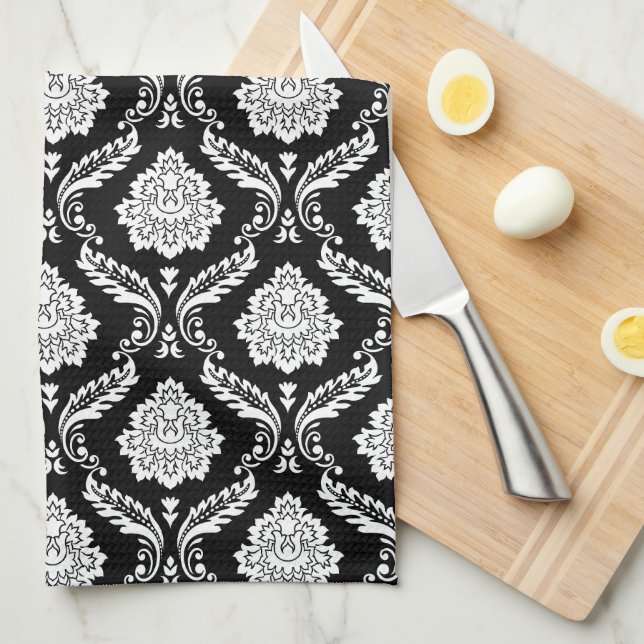 Paño De Cocina Rococo Damask Rpt Patrón Blanco sobre Negro (Doblado Cuarto)