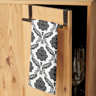 Paño De Cocina Rococo Damask Rpt Patrón Negro sobre Blanco