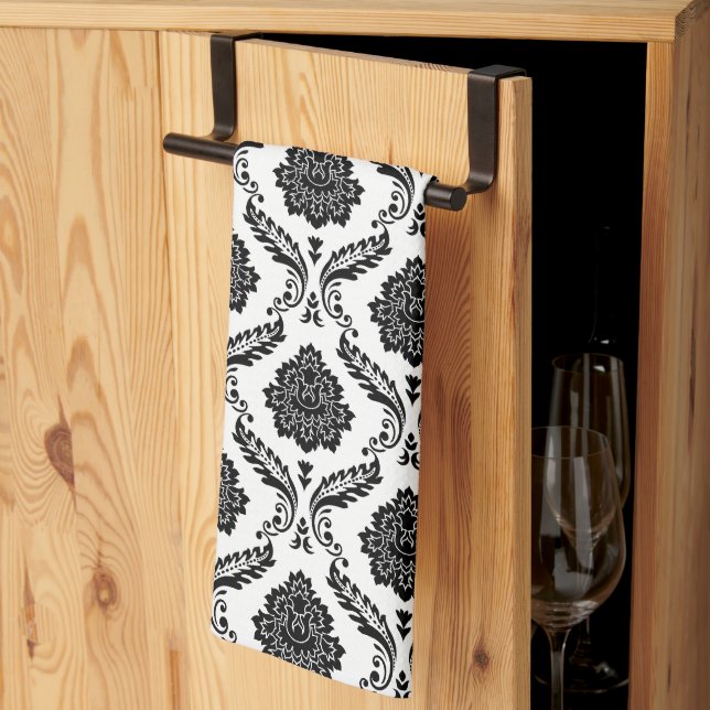Paño De Cocina Rococo Damask Rpt Patrón Negro sobre Blanco (Pliegue de tercios)