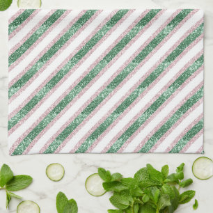 Paño De Cocina Rojizo Rosa Verde Brillo Rayas Navidad