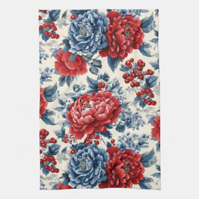 Paño De Cocina Rojo Azul Blanco Floral Patriótico (7) (Vertical)
