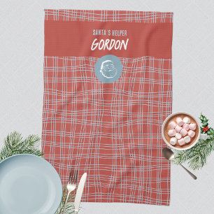 Paño De Cocina Rojo Azul Retro Cuadro Santa Ayudante Navidad