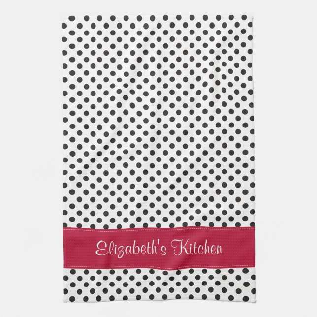 Paño De Cocina Rojo de punto de polka blanco negro personalizado (Vertical)