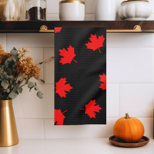 Paño De Cocina Rojo Patriótico Canadá Hoja de Arce Patrón Negro