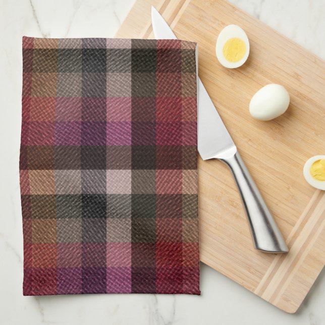 Paño De Cocina Rojo texturizado, gris, cuadros frambuesa. (Doblado Cuarto)
