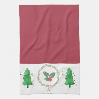 Paño De Cocina Rojo y blanco con acebo y árboles de Navidad
